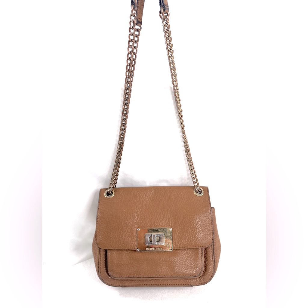 Michael Kors Brown Leather Small Shoulder Bag Brass Chain Strap Turn Lock